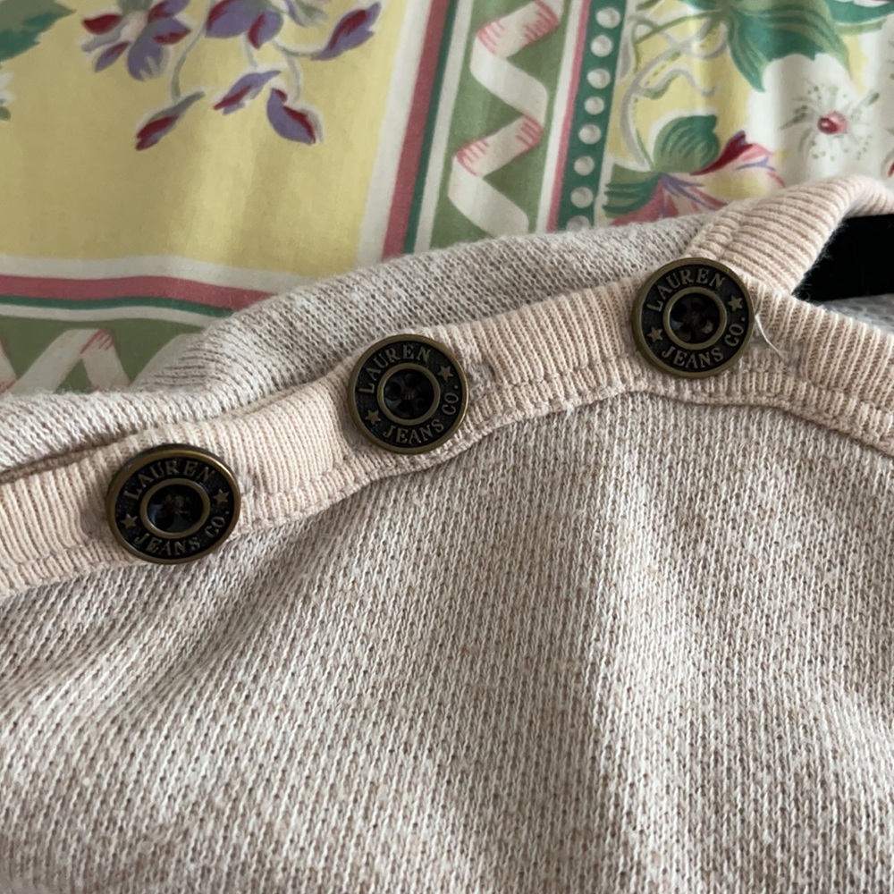 Ralph Lauren Beige French Terry Sweatshirt LRL Shoulder Buttons Drawstring Hem - Picture 6 of 13